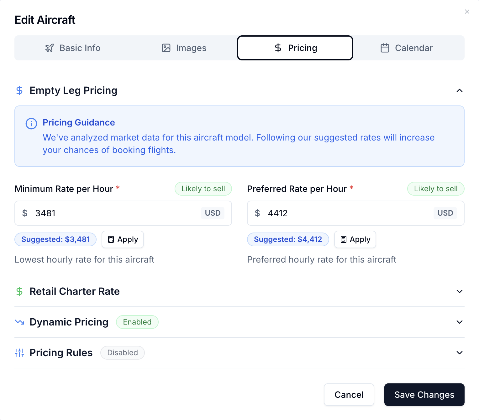 SkyAccess aircraft pricing dashboard with minimum and preferred rates and dynamic pricing