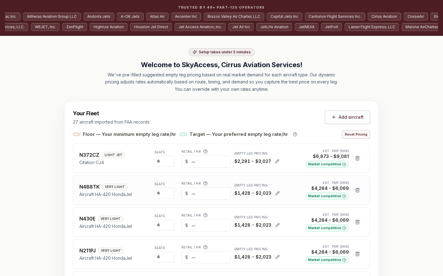 SkyAccess fleet pricing with 27 aircraft imported from FAA records